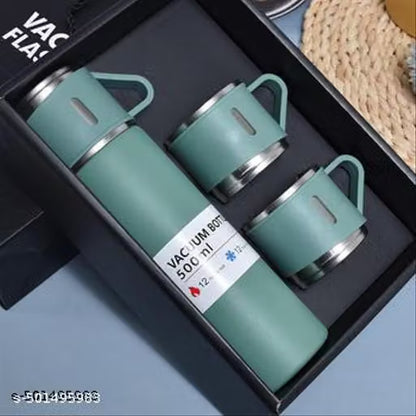 Steel Vacuum Flask Set with 2 Cups Flask Combo Keeps Liquid Tea Coffee Cold Hot Bottle 500ml