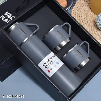 Steel Vacuum Flask Set with 2 Cups Flask Combo Keeps Liquid Tea Coffee Cold Hot Bottle 500ml